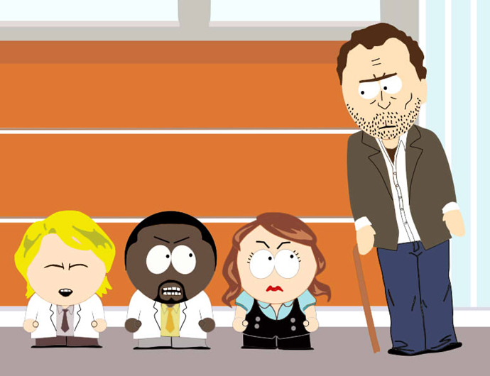 black_hair, blonde, blonde_hair, brown_eyes, brown_hair, eric_foreman, facial_hair, gregory_house, house_m.d., jacket, kuriyakin, labcoat, long_hair, male, not_anime, parody, robert_chase, short_hair, south_park, stubble, style_parody