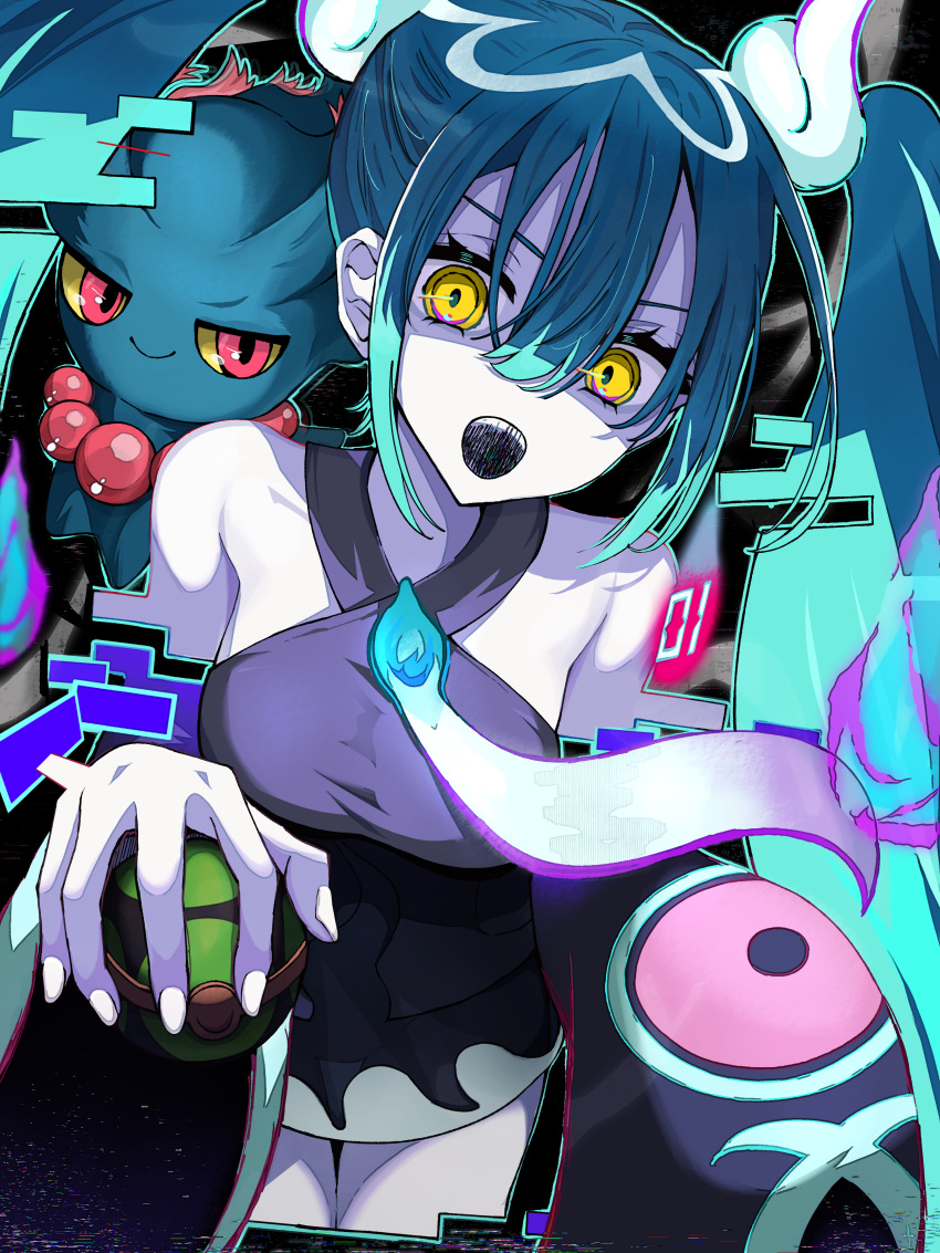 1girl, absurdres, bare_shoulders, black_dress, blue_hair, claw_pose, colored_sclera, dress, dusk_ball, ghost_miku_(project_voltage), glitch, hair_between_eyes, hatsune_miku, highres, holding_poke_ball, long_hair, looking_at_viewer, misdreavus, open_mouth, pokemon, project_voltage, red_eyes, takayou, twintails, very_long_hair, vocaloid, yellow_eyes, yellow_sclera