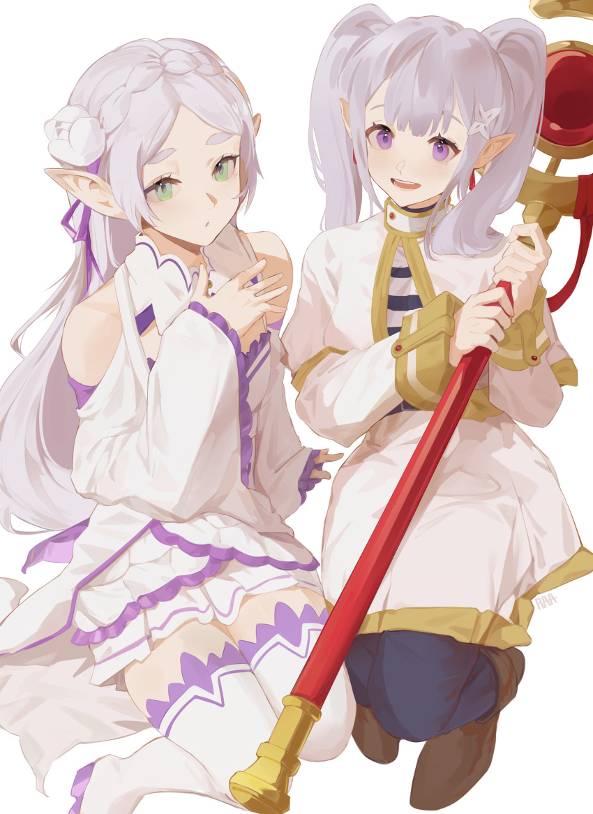 2girls, absurdres, bare_shoulders, boots, braid, brown_footwear, capelet, cosplay, costume_switch, crown_braid, detached_sleeves, dress, elf, emilia_(re:zero), emilia_(re:zero)_(cosplay), flower, frieren, frieren_(cosplay), green_eyes, hair_flower, hair_ornament, hair_ribbon, highres, holding, holding_staff, long_hair, long_sleeves, looking_at_viewer, multiple_girls, parted_bangs, pointy_ears, purple_ribbon, raacos, re:zero_kara_hajimeru_isekai_seikatsu, ribbon, sitting, sousou_no_frieren, staff, thigh_boots, trait_connection, twintails, violet_eyes, white_background, white_dress, white_hair