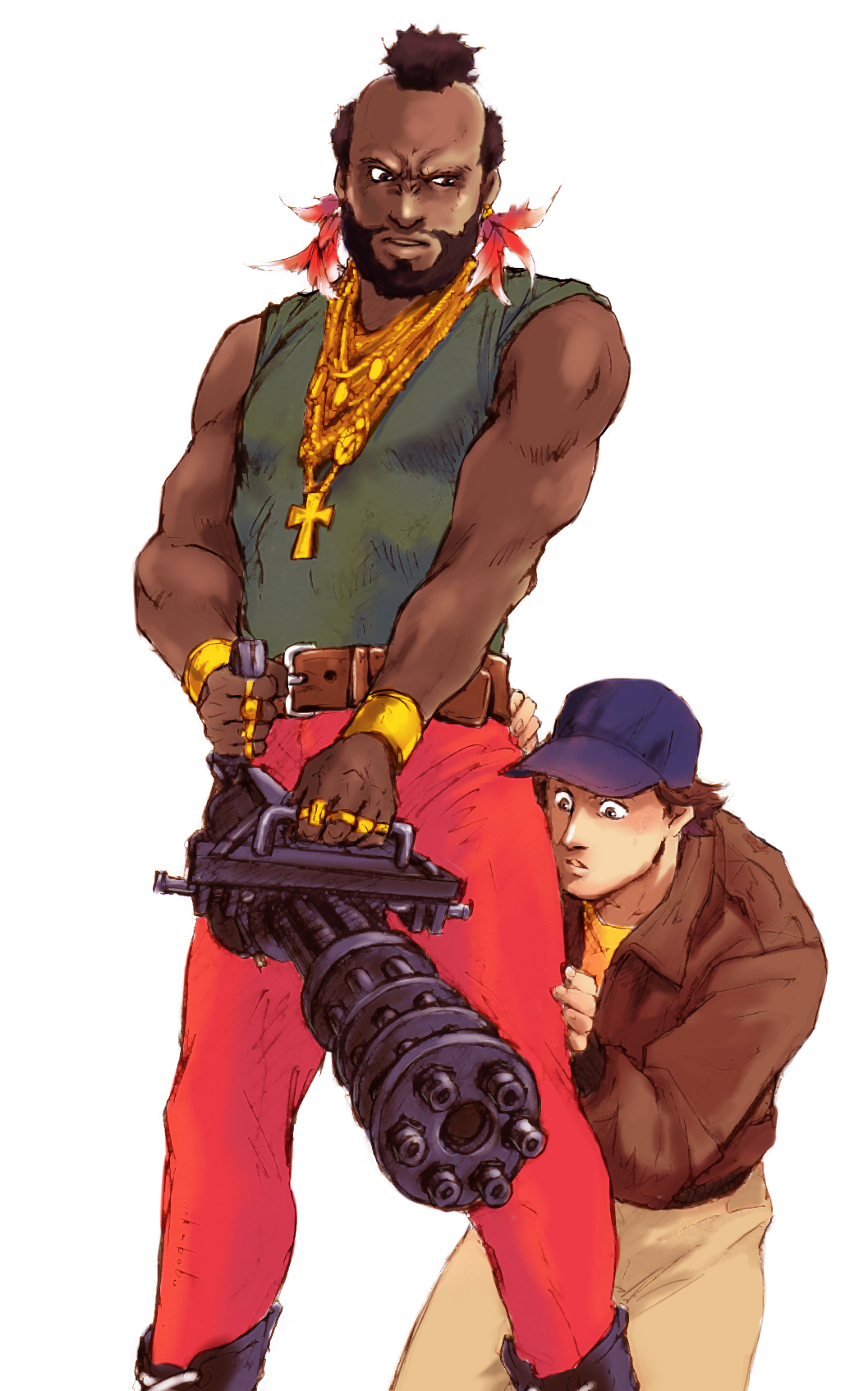 b.a._baracus, brown_eyes, brown_hair, gatling_gun, gun, h.m._"howling_mad"_murdock, hat, highres