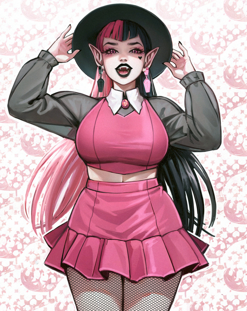 1girl, adelheid_(moschiola), adjusting_clothes, adjusting_headwear, black_hair, black_hat, black_lips, breasts