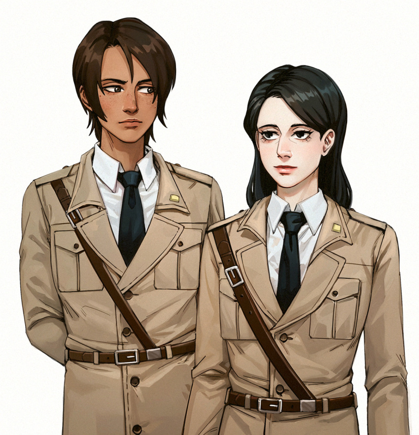 2girls, adelheid_(moschiola), alternate_universe, arms_behind_back, belt, black_eyes, black_hair, black_necktie