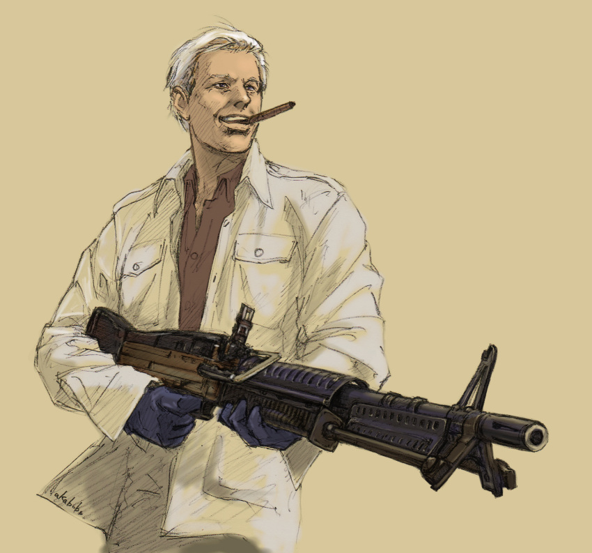 cigar, grey_hair, gun, highres, john_"hannibal"_smith, m60, machine_gun, short_hair