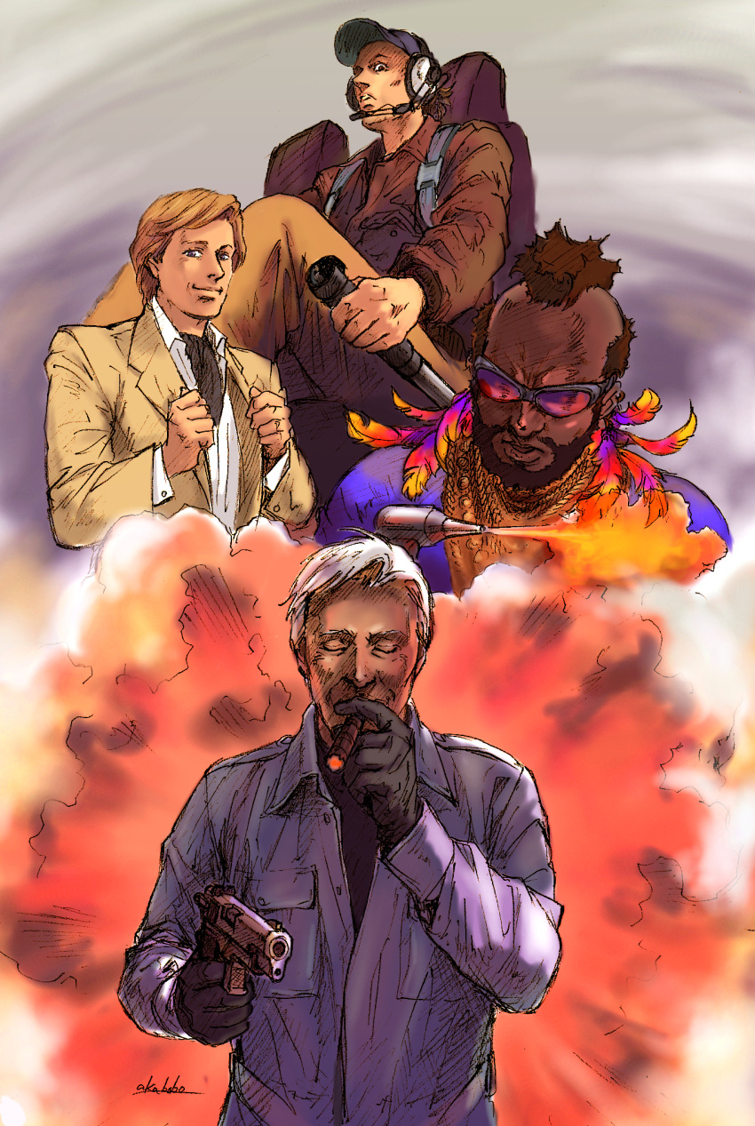 b.a._baracus, blonde_hair, brown_eyes, brown_hair, cigar, explosion, grey_hair, gun