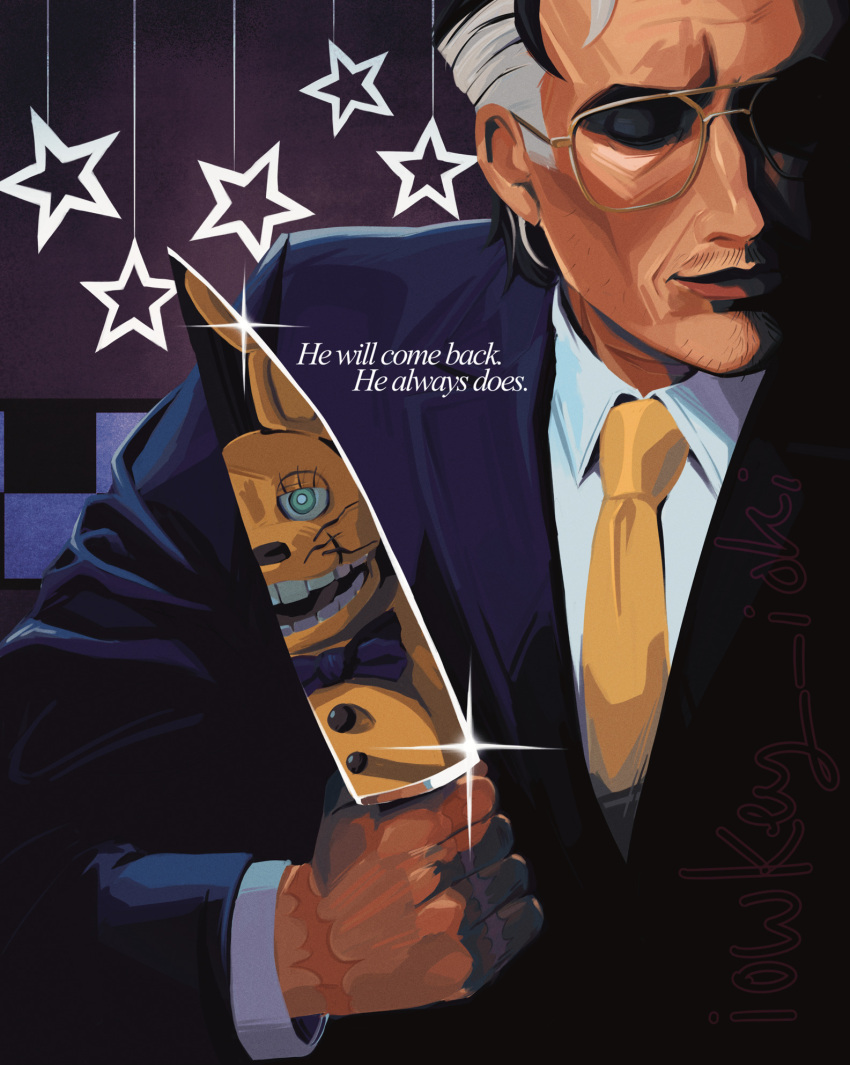 1boy, american_psycho, checkered_background, facial_hair, five_nights_at_freddy's, glasses, grey_hair, highres, holding, holding_knife, holding_weapon, iowkey-ioki, knife, movie_poster, mustache_stubble, parody, poster_parody, purple_suit, solo, spring_bonnie_(fnaf), star_(symbol), stubble, suit, weapon, william_afton