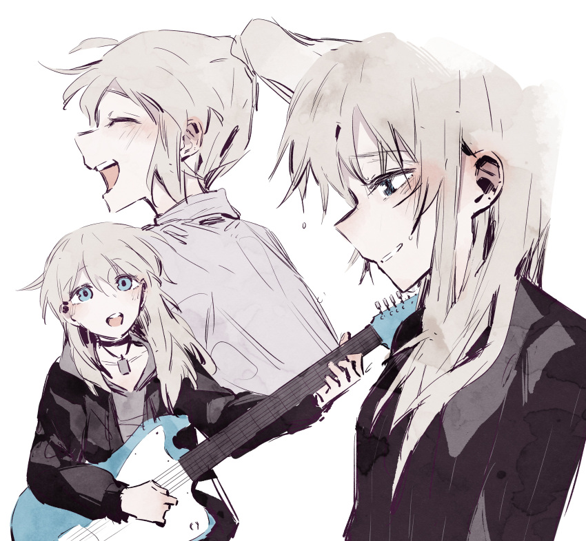 absurdres, black_choker, black_jacket, black_sweater, blue_eyes, blush, choker, closed_eyes