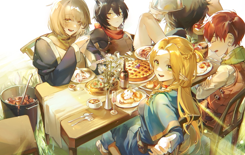 2boys, 3girls, black_hair, blonde_hair, bottle, brown_eyes, brown_hair, chair