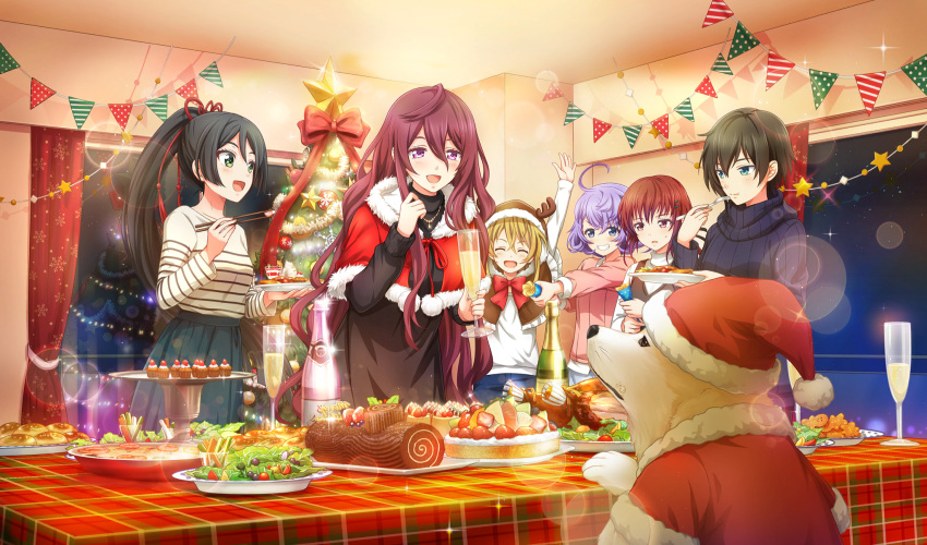 6+girls, :d, ^_^, animal_hood, antlers, arm_up, asada_aoi, black_dress, black_hair, black_sweater, blonde_hair, blue_skirt, bottle, cake, cape, chicken_(food), chocolate_cake, chopsticks, christmas, christmas_ornaments, christmas_tree, cinderella_series, closed_eyes, closed_mouth, cup, dog, dress, drinking_glass, eating, fake_antlers, food, fork, fur-trimmed_cape, fur-trimmed_headwear, fur_trim, game_cg, garland_(decoration), green_eyes, grin, hachigatsu_no_cinderella_nine, hair_between_eyes, hair_ornament, hairclip, hat, high_ponytail, highres, holding, holding_chopsticks, holding_cup, holding_fork, holding_party_popper, holding_plate, honjo_chikage, hood, horns, indoors, iwaki_yoshimi, kurashiki_maiko, lens_flare, long_hair, long_sleeves, multiple_girls, non-web_source, official_art, open_mouth, party_popper, pink_shirt, plate, puple_hair, purple_hair, red_cape, red_curtains, red_eyes, redhead, reindeer_antlers, reindeer_hood, salad, santa_hat, shiba_inu, shirt, short_hair, skirt, smile, sparkle, standing, strawberry_cake, sweatdrop, sweater, teeth, tinsel, tsukahara_shizuku, tsukumo_kana, v-shaped_eyebrows, very_long_hair, violet_eyes, wavy_hair, white_shirt, window