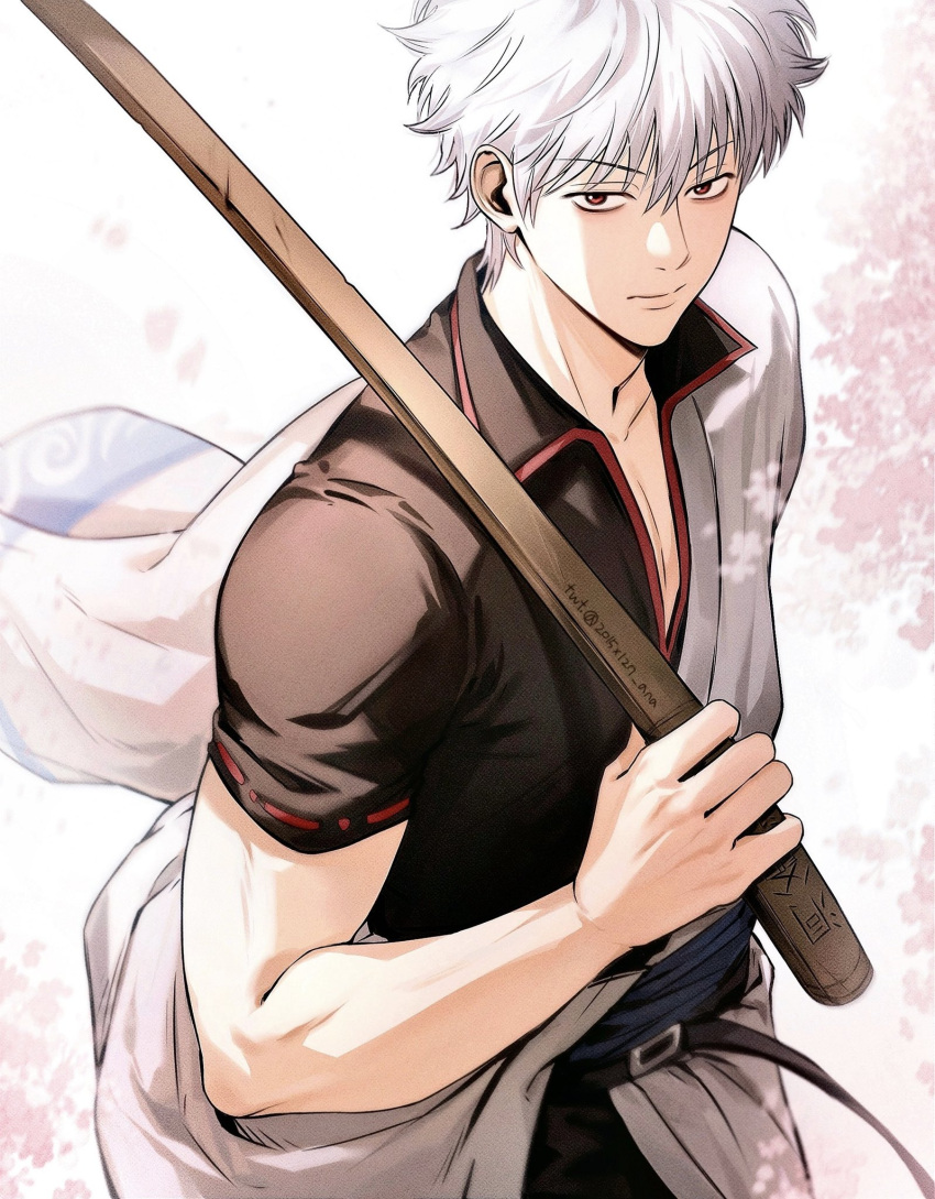 1boy, 2015x127, artist_name, belt, black_belt, black_shirt, cherry_blossoms, closed_mouth