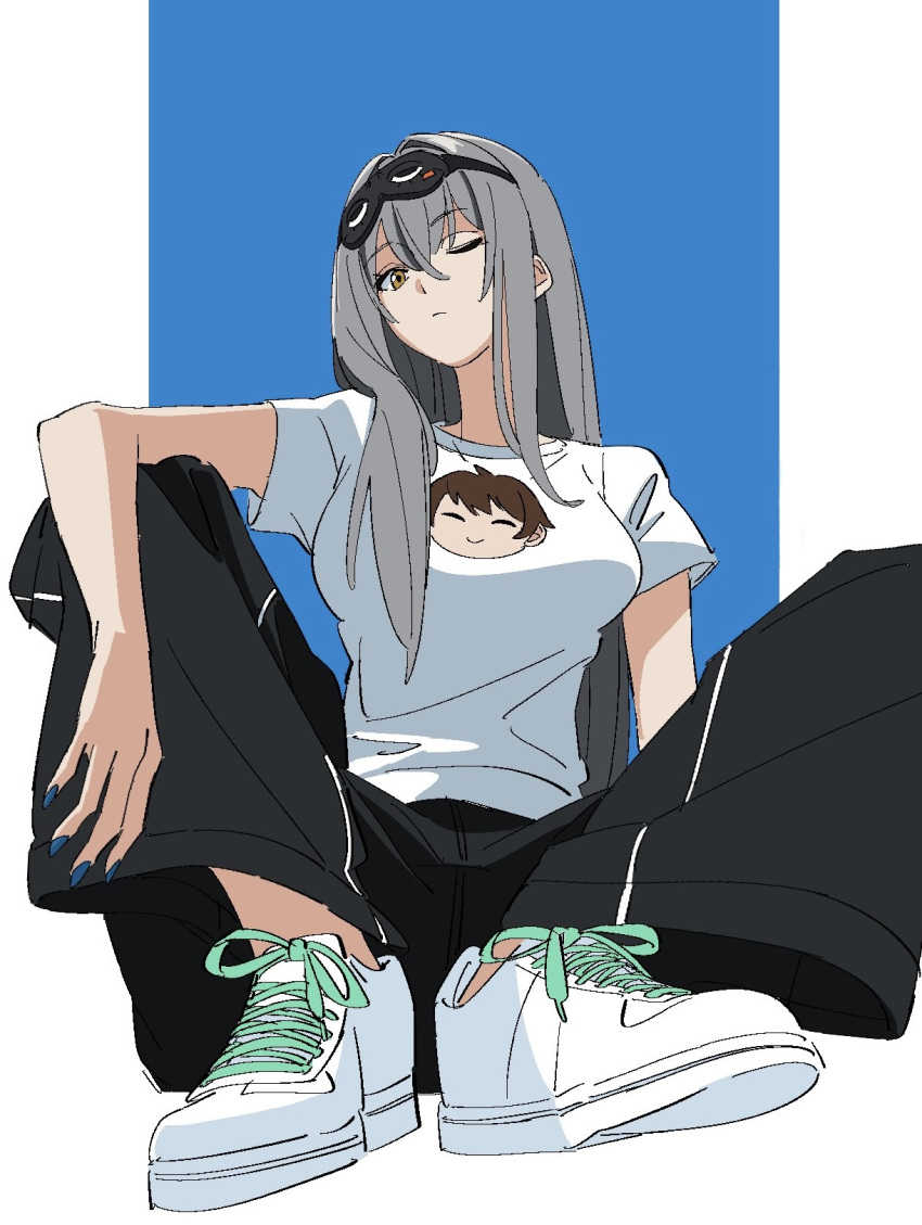 1girl, alternate_costume, black_pants, blue_background, blue_nails, border, casual, commander_(nikke)