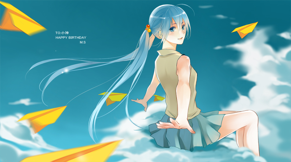 bad_id, blue_eyes, blue_hair, cloud, clouds, hatsune_miku, kebei, long_hair
