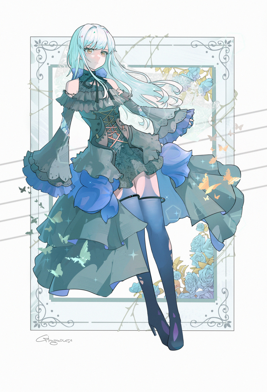1girl, absurdres, bang_dream!, black_dress, black_ribbon, blue_theme, cevio, chinese_commentary