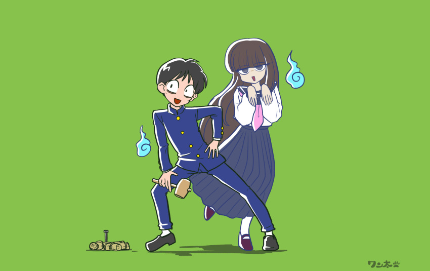 1boy, 1girl, bags_under_eyes, black_eyes, black_hair, blunt_bangs, brown_hair, character_request