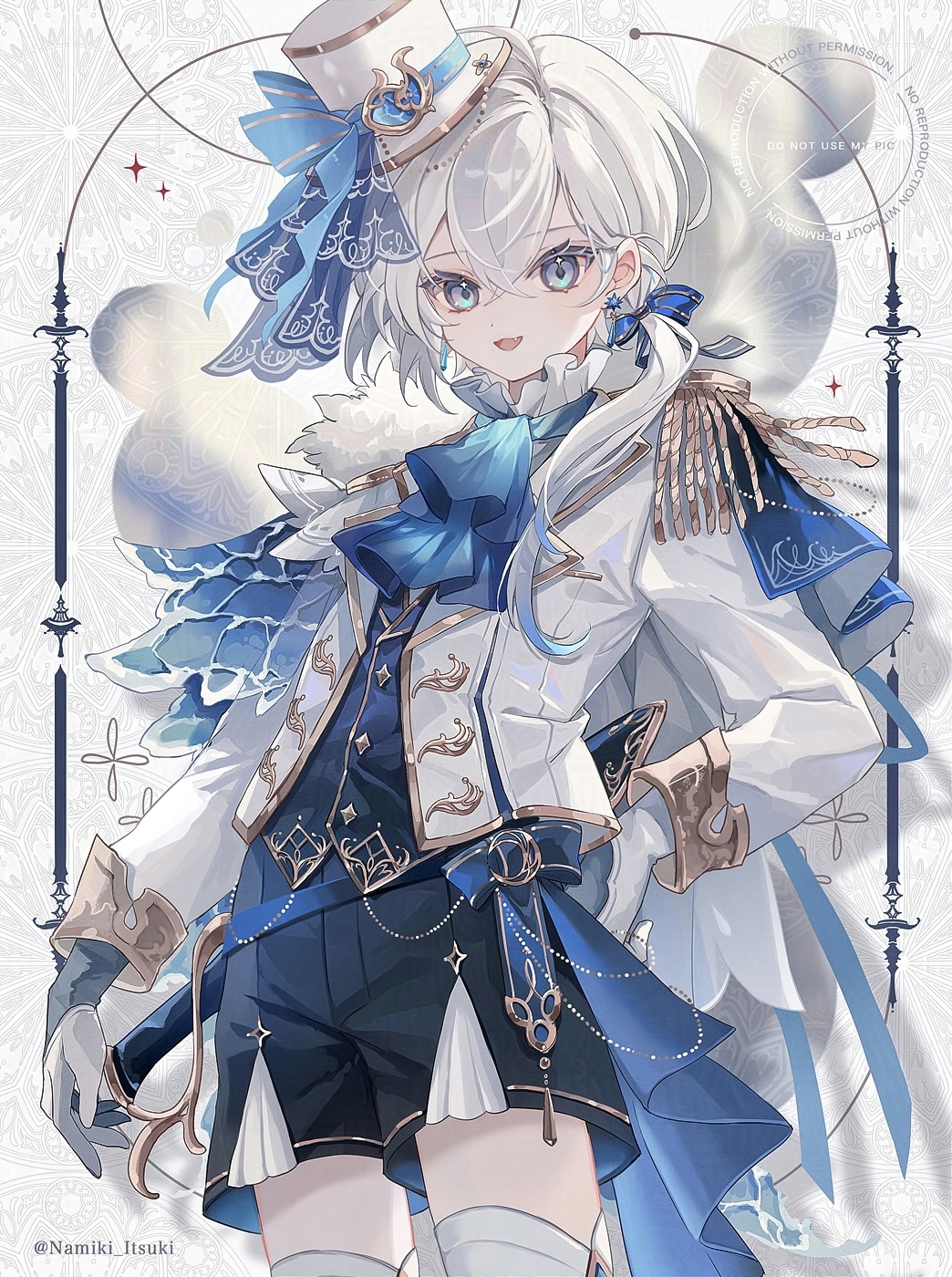 1boy, ascot, black_shorts, black_vest, blue_ascot, blue_bow, blue_eyes, blue_veil
