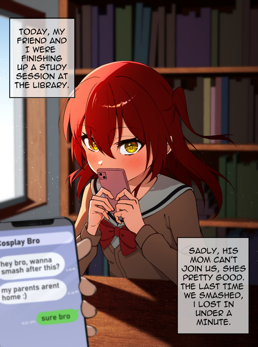 2boys, absurdres, blush, bocchi_the_rock!, bookshelf, bow, bowtie, brown_jacket