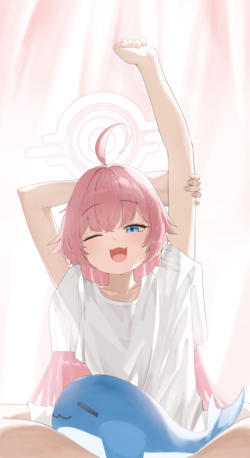 1girl, ;d, absurdres, ahoge, arms_up, bare_arms, bare_legs, blue_archive