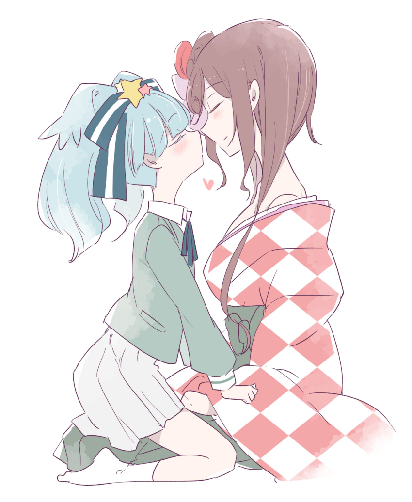 2girls, 66ta1yak1, age_difference, ankle_socks, blazer, blue_hair, blush, brown_hair