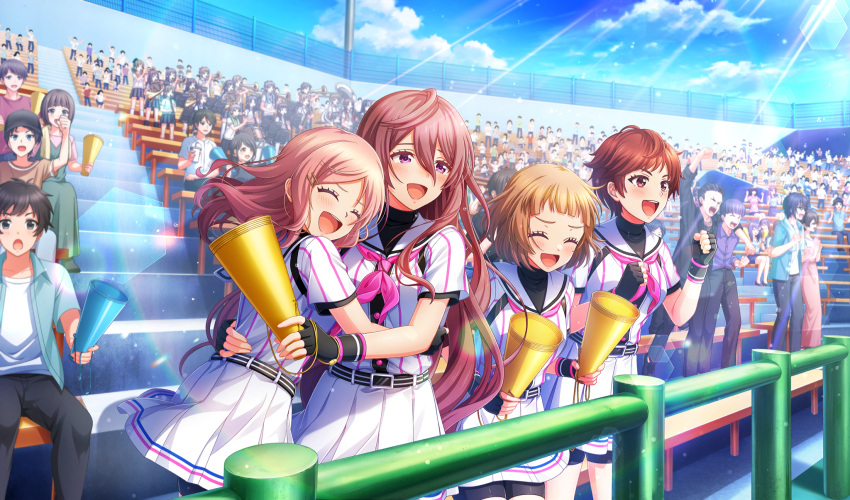 :d, ^_^, amakusa_kotone, baseball_stadium, baseball_uniform, belt, belt_buckle, bike_shorts_under_skirt