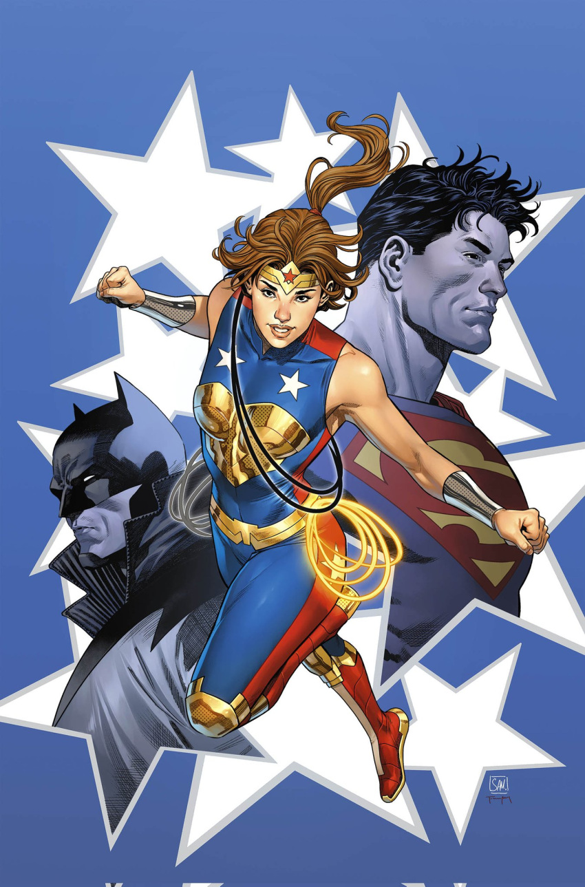 1girl, 2boys, artist_collaboration, batman, batman_(series), blue_background, blue_bodysuit, bodysuit, brown_hair, circlet, clenched_hands, cowl, dc_comics, elizabeth_prince, gold, gold_belt, highres, lasso_of_truth, long_hair, looking_at_viewer, multiple_boys, ponytail, red_bodysuit, sampere_art, short_hair, signature, star_(symbol), superhero_costume, superman, superman_(series), tomeu_morey, trinity_(dc), two-tone_bodysuit, wonder_woman_(series)