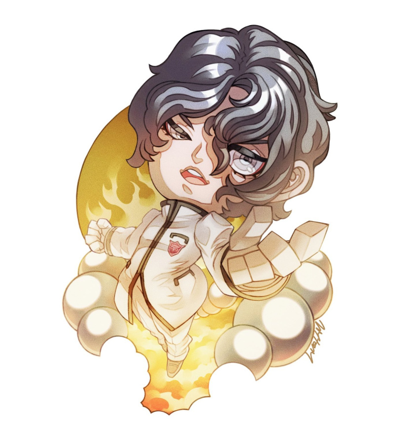 1boy, black_hair, chibi, chibi_only, clouds, emblem, floating, foreshortening