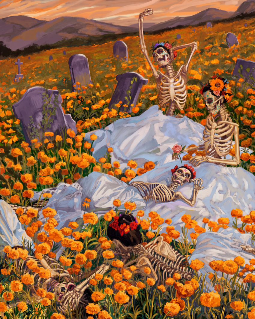absurdres, adrian_ibarra_lugo, blue_flower, dia_de_muertos, field, flower, flower_field, hair_flower, hair_ornament, highres, mountainous_horizon, orange_flower, original, outdoors, purple_flower, red_flower, skeleton, sunset, tombstone