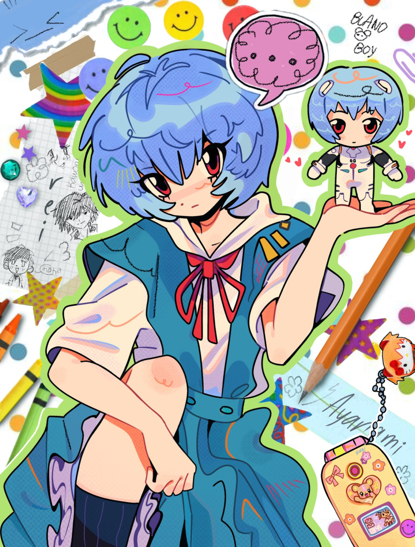 ..., 1girl, ayanami_rei, blandboyx, blue_hair, cellphone, cellphone_charm, character_doll