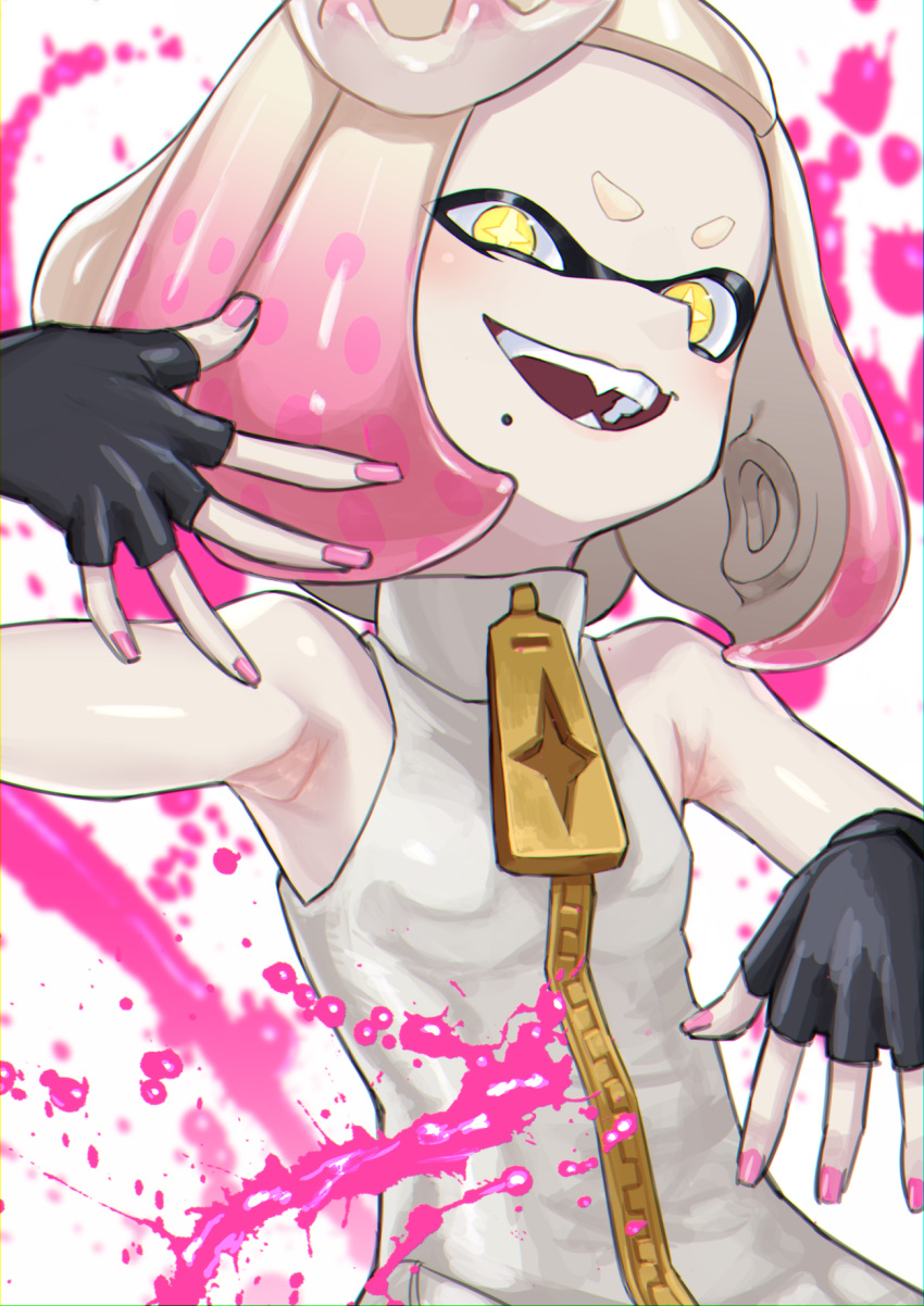 1girl, :d, bare_shoulders, black_gloves, blush, commentary_request, cross-shaped_pupils, crown