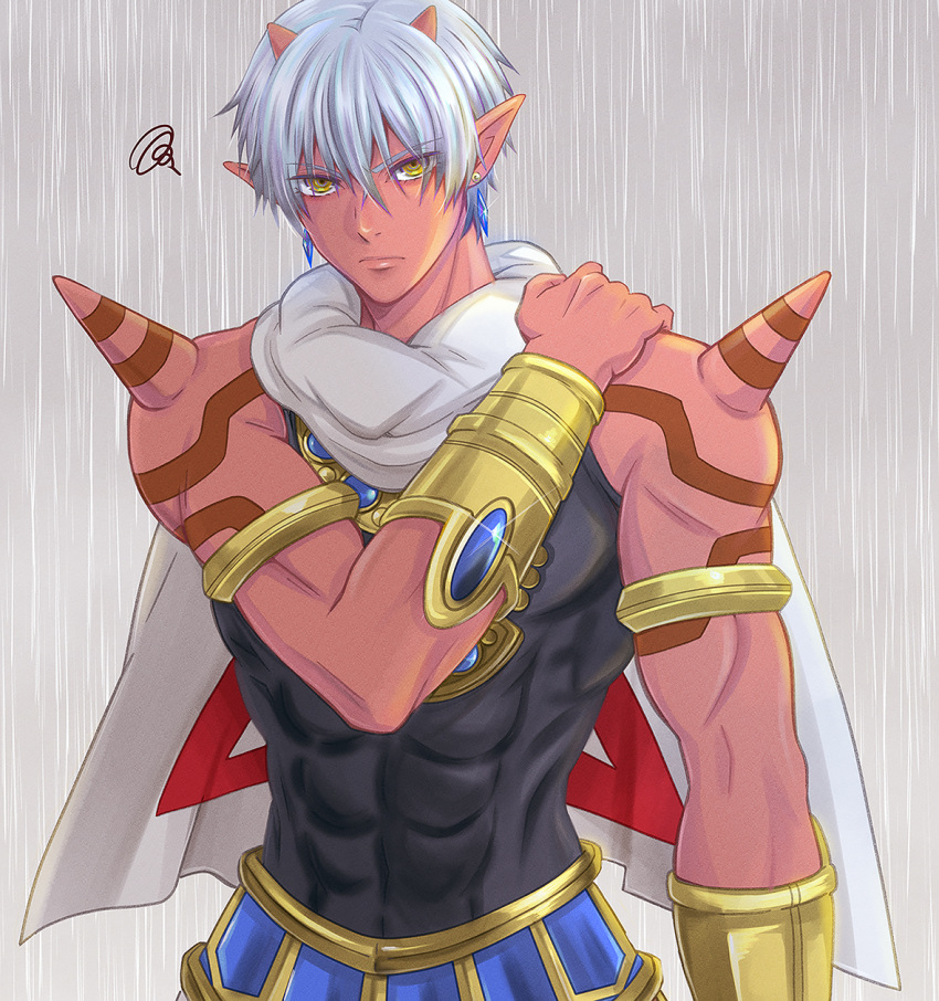 1boy, alepon, cloak, closed_mouth, colored_skin, commentary_request, covered_abs, dragon_quest, dragon_quest_x, earrings, girugaran, gold_armlet, gold_bracer, hand_on_own_shoulder, highres, horns, jewelry, looking_at_viewer, male_focus, muscular, muscular_male, ogre_(dq10), pointy_ears, red_skin, short_hair, shoulder_spikes, signature, solo, spikes, white_cloak, white_hair, yellow_eyes