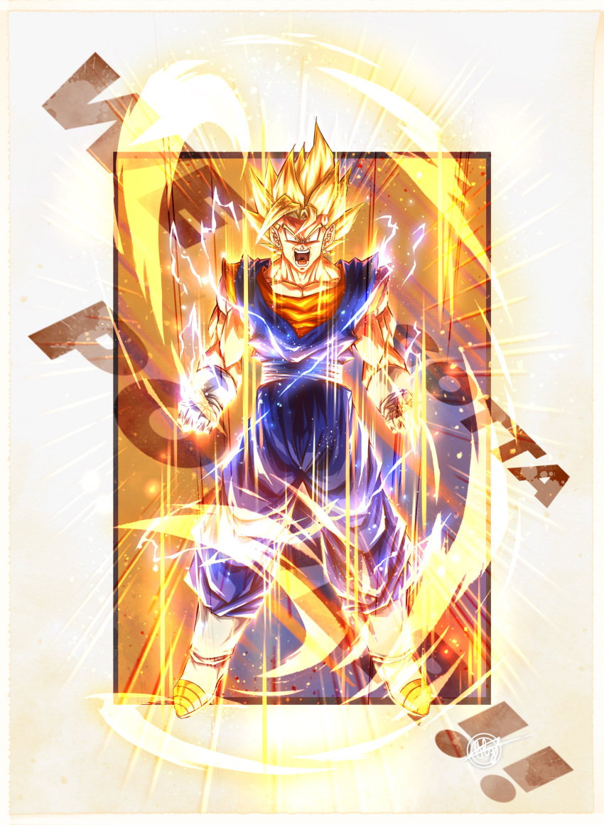 1boy, absurdres, aura, blonde_hair, blue_pants, blue_shirt, blz_(blz151101), border