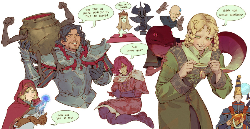 1girl, 5boys, armor, bald, black_hair, blonde_hair, breastplate, character_request