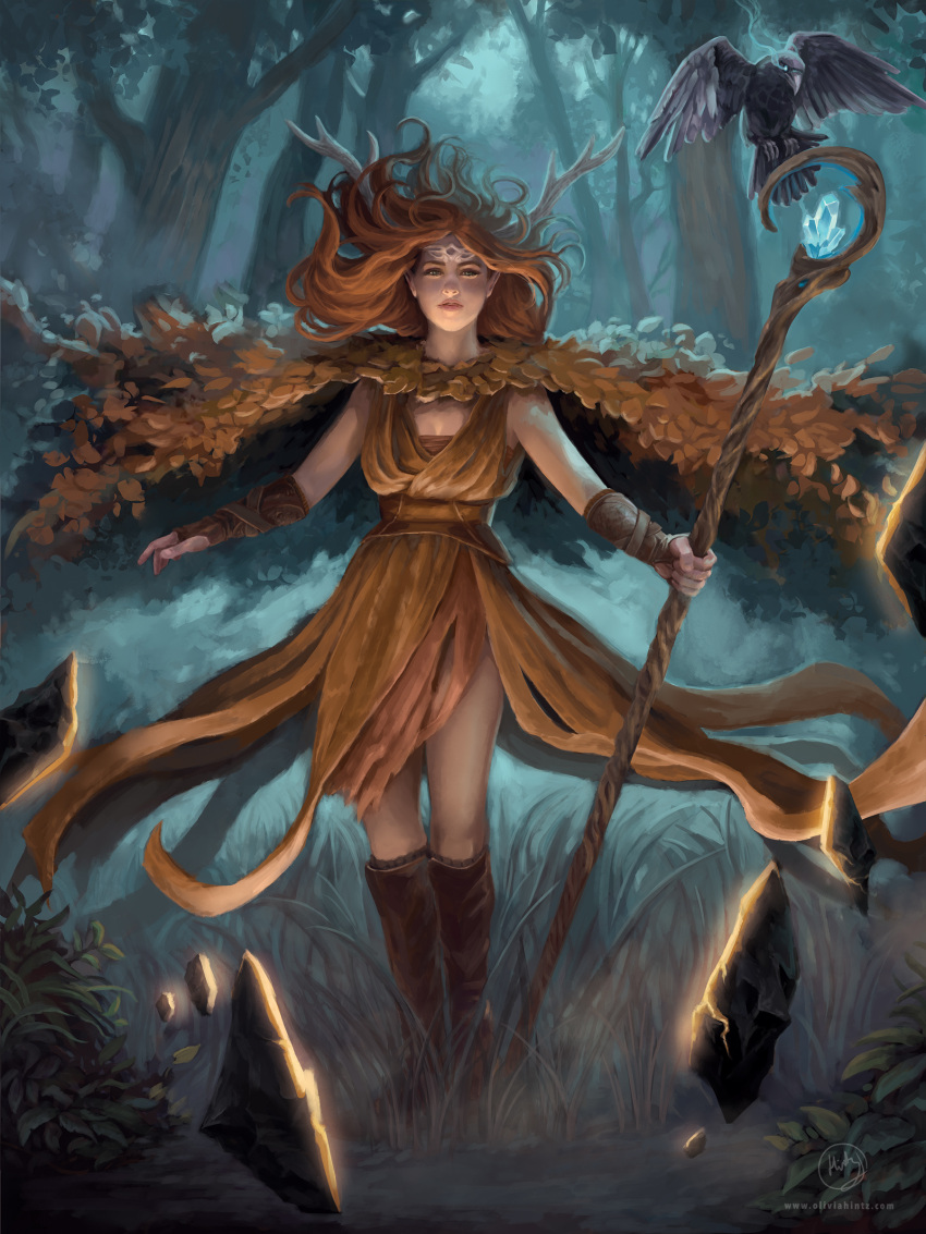 1girl, absurdres, artist_name, boots, brown_dress, brown_footwear, brown_gloves, brown_hair, bush, critical_role, crown, dress, dungeons_&amp;_dragons, fantasy, fingerless_gloves, forest, gloves, green_eyes, highres, holding, holding_staff, keyleth_(critical_role), leaf, leaf_cape, leaf_clothing, long_hair, looking_at_viewer, nature, olivia_hintz, outdoors, plant_clothing, signature, sleeveless, sleeveless_dress, solo, staff, tree, web_address