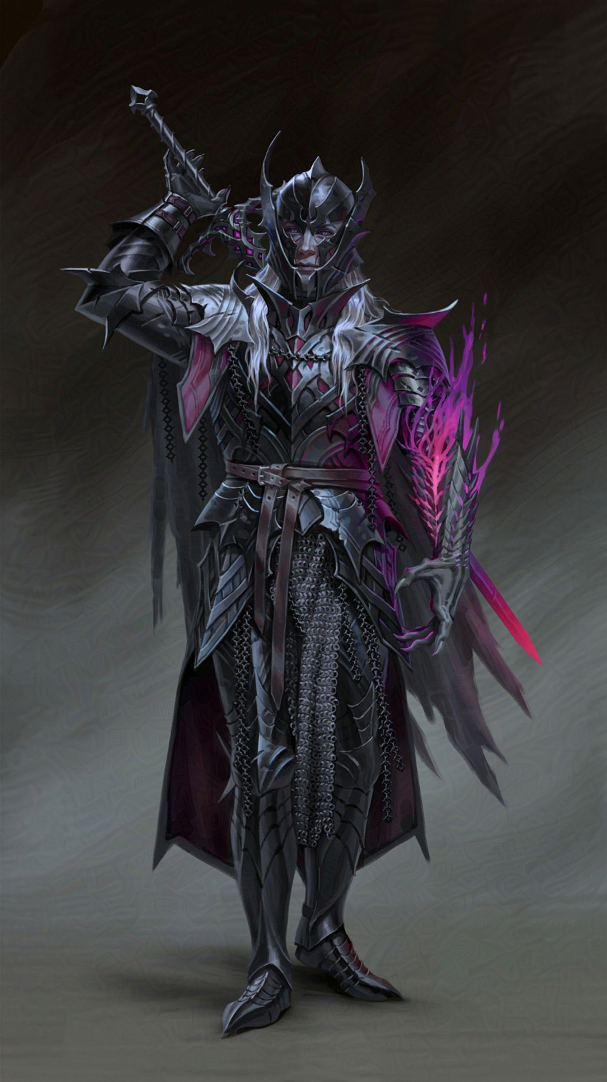 1boy, armor, belt, black_background, brown_belt, chainmail, eriopsis, fantasy, full_body, gradient_background, grey_background, helmet, highres, long_hair, looking_at_viewer, original, pale_skin, solo, standing, violet_eyes, weapon, weapon_on_back, white_hair