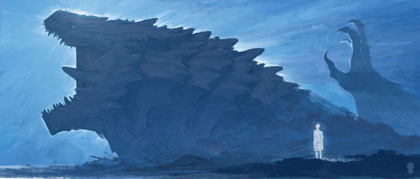 1other, blue_sky, bursting_from_ground, claws, fangs, giant, giant_monster, hand_up