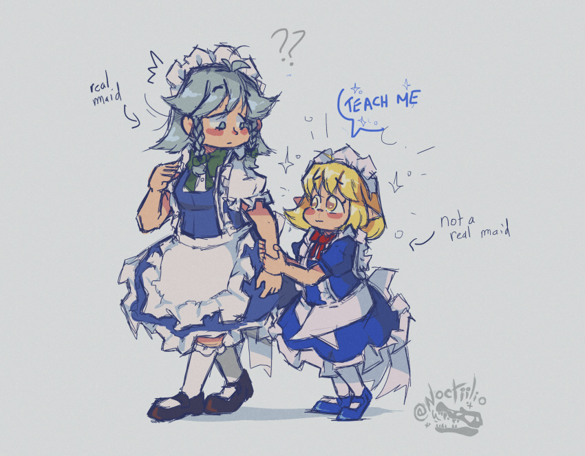 2girls, ?, ??, amber_eyes, apron, black_footwear, blonde_hair, blue_footwear