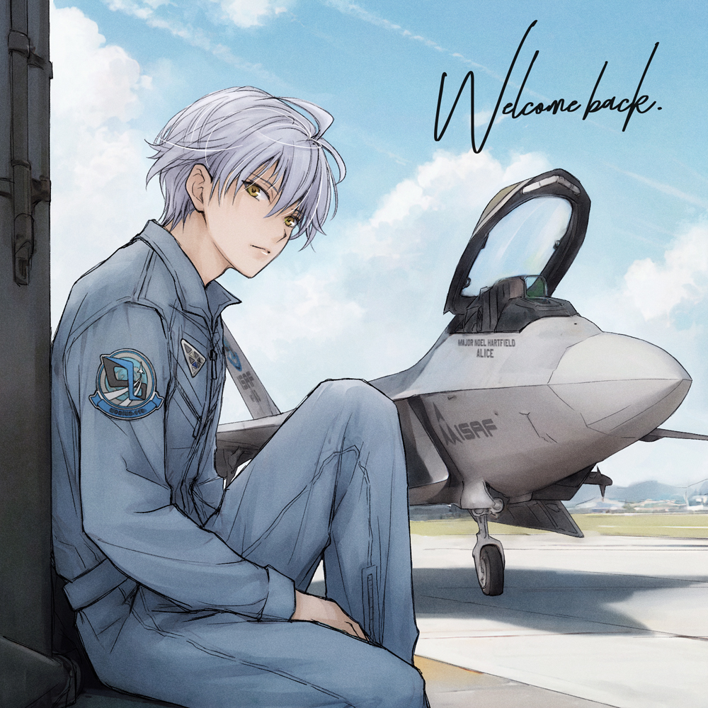 1boy, a-chako, ace_combat, ace_combat_04, aircraft, airfield, airplane, blue_sky, clouds, cloudy_sky, english_text, f-22_raptor, jet, looking_at_viewer, mobius_1, pilot_suit, short_hair, sky, solo, white_hair, yellow_eyes