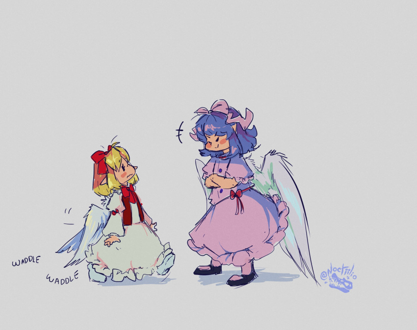 >:), 2girls, :>, black_footwear, blonde_hair, blue_hair, blush_stickers, bow