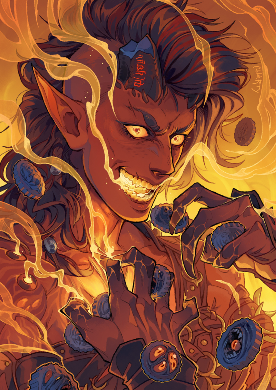 1girl, artist_name, baldur's_gate, baldur's_gate_3, black_hair, broken_horn, colored_sclera, demon_girl