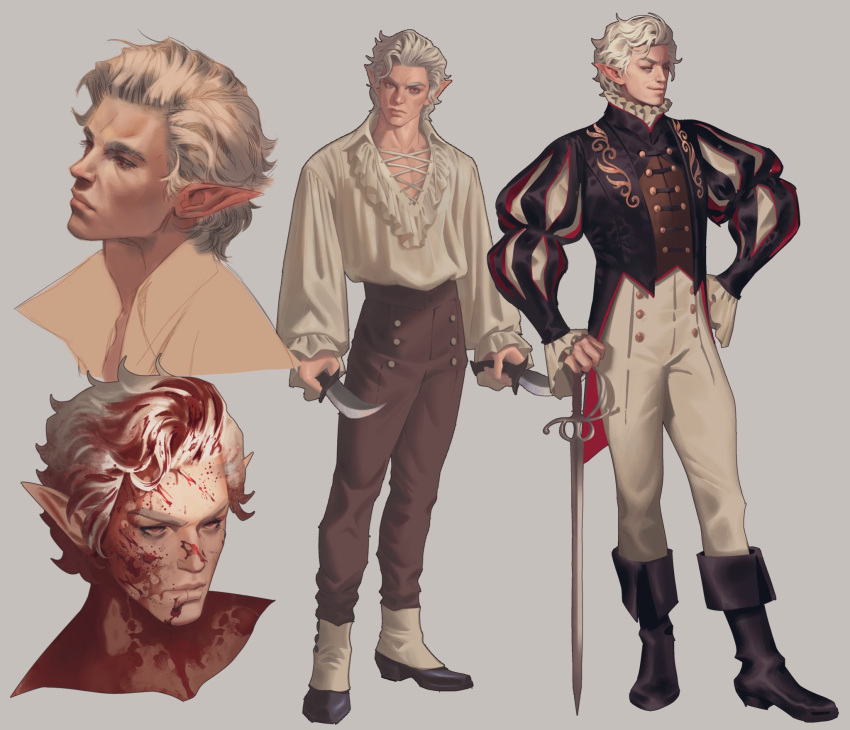 1boy, astarion, baldur's_gate, baldur's_gate_3, black_footwear, blood, blood_on_face, boots