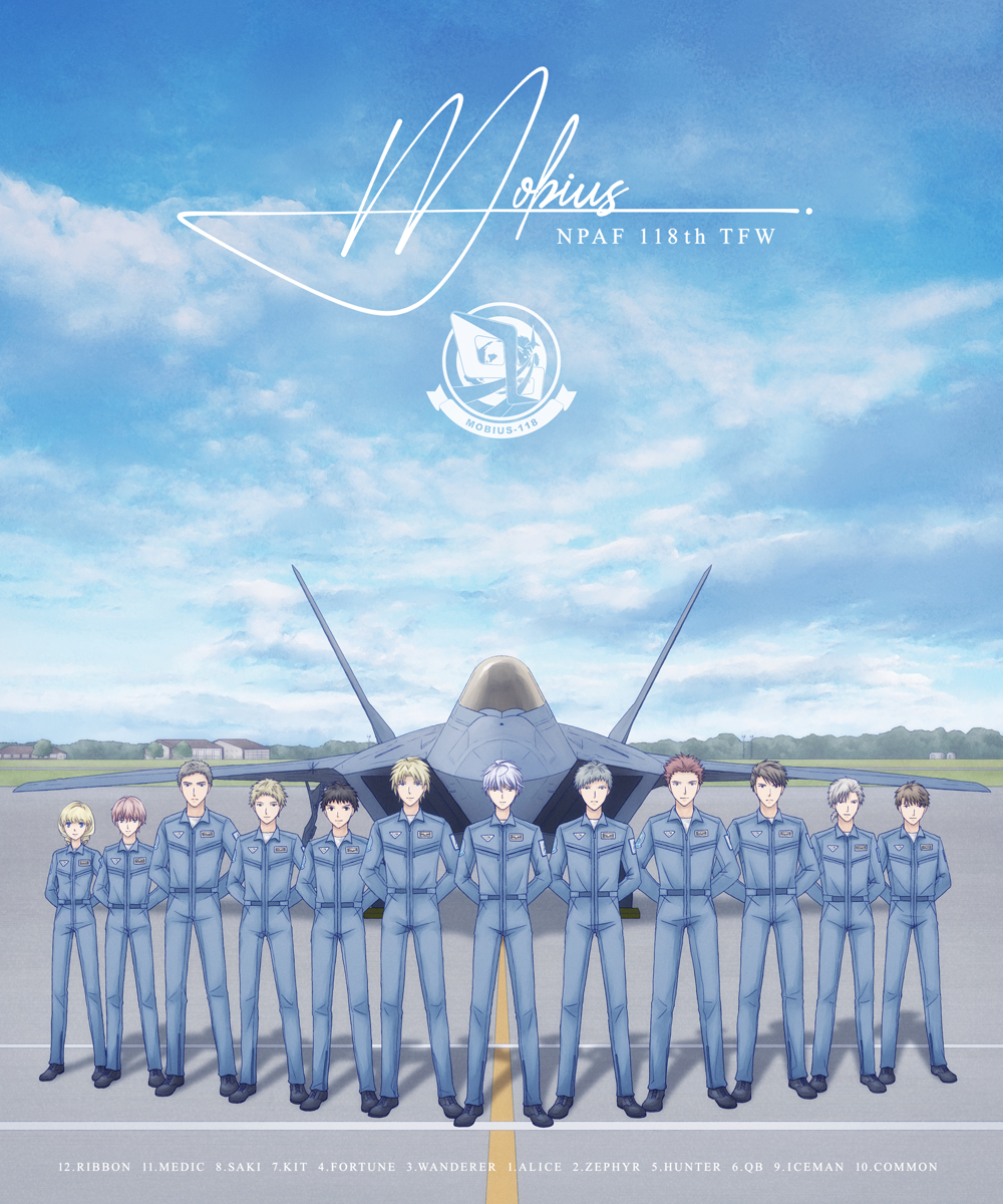 1girl, 6+boys, a-chako, ace_combat, ace_combat_04, aircraft, airfield, airplane, black_footwear, blue_sky, character_name, clouds, cloudy_sky, english_text, f-22_raptor, fighter_jet, forest, highres, jet, military_vehicle, mobius_1, multiple_boys, nature, pilot_suit, sky, standing_at_attention
