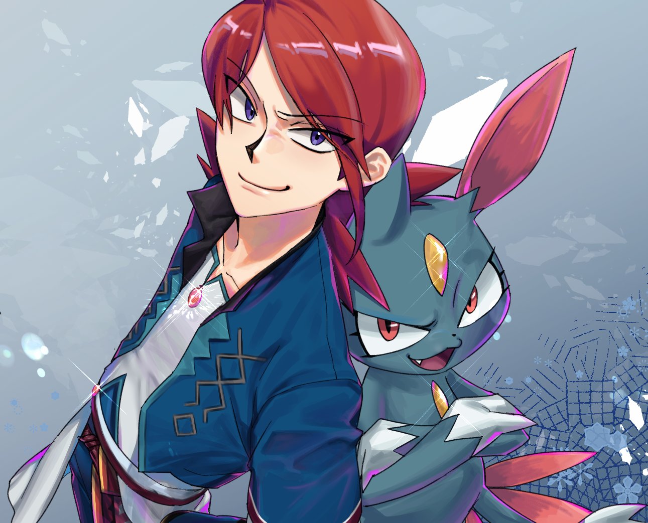 1boy, claws, collarbone, fang, forehead_jewel, grey_background, gugab_(k_kkuba_), looking_at_viewer