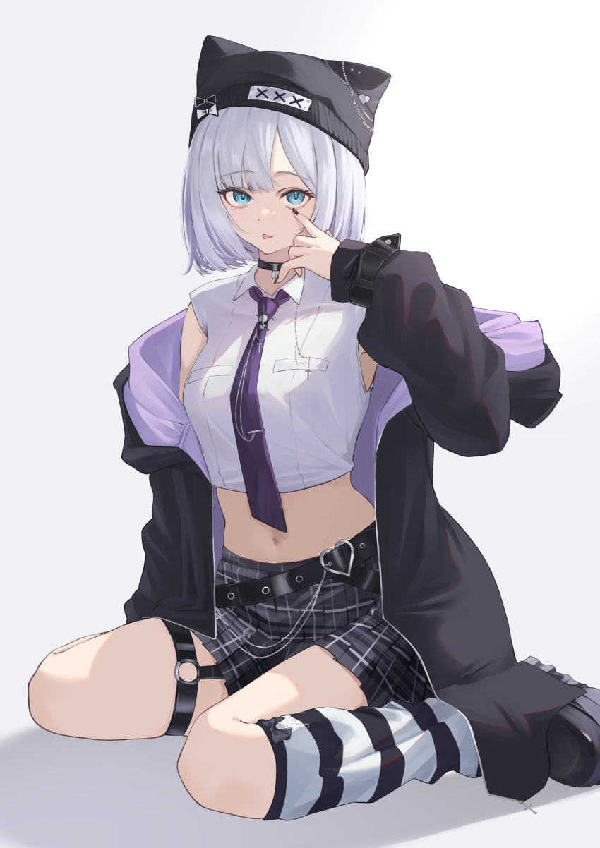 1girl, :p, absurdres, animal_hat, armpits, belt, black_choker, black_footwear