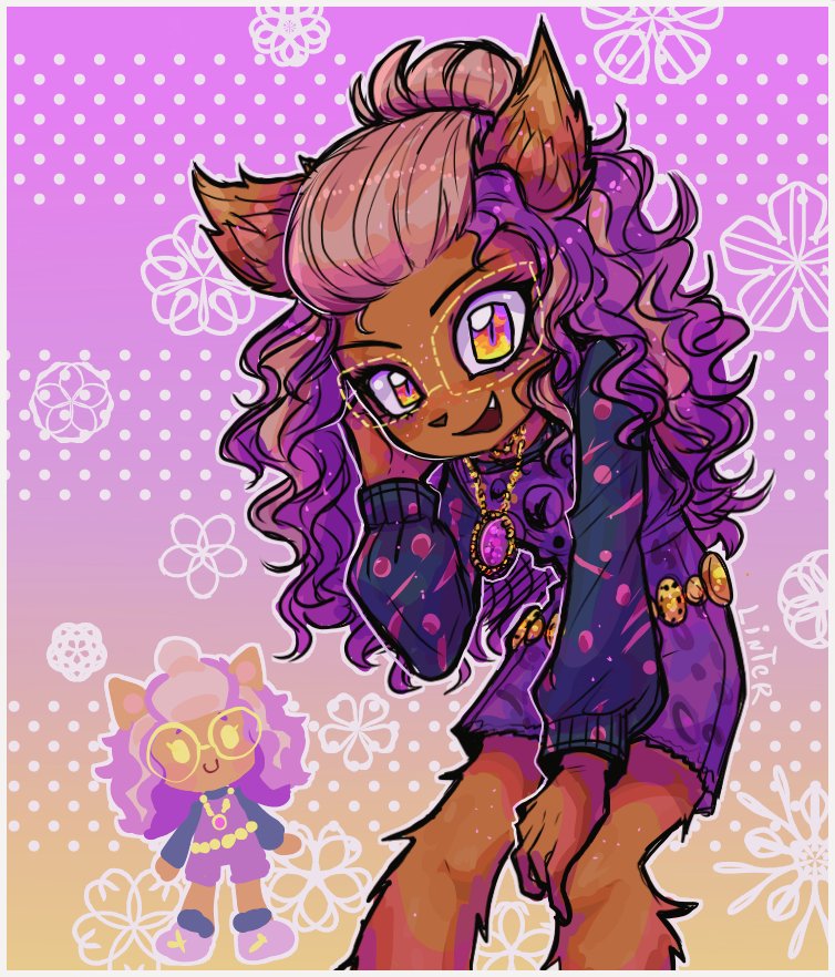 1girl, animal_ears, brown_hair, clawdeen_wolf, colored_skin, dark-skinned_female, dark_skin, dress