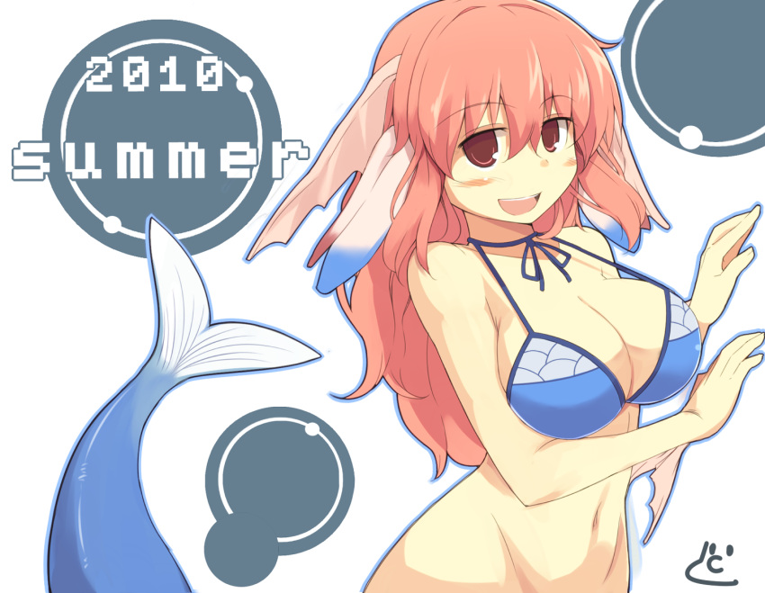 animal_ears, bikini, bottomless, breasts, cleavage, head_fins, large_breasts, long_hair, mermaid, midriff, monster_girl, mound_of_venus, nantacky2000, navel, persia_(rune_factory), pink_hair, red_eyes, rune_factory, rune_factory_3, solo, swimsuit, tail