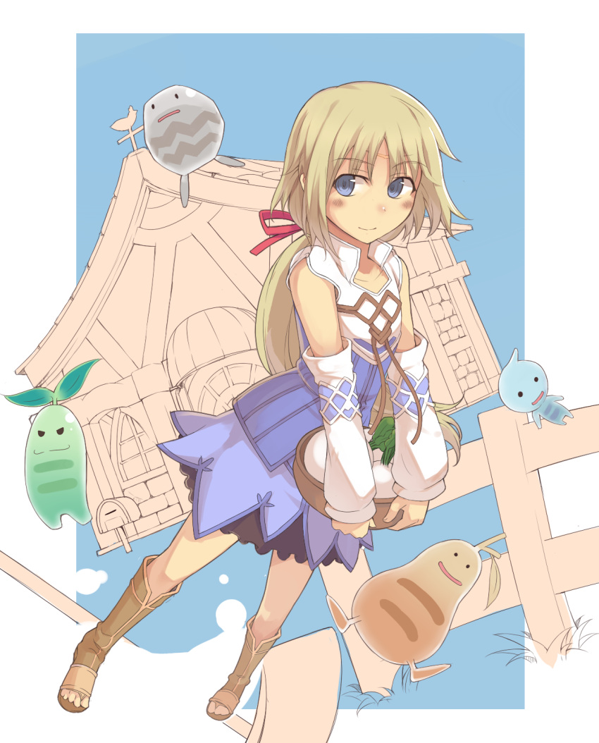 blonde_hair, blue_eyes, circlet, detached_sleeves, dress, farm, fence, hair_ribbon