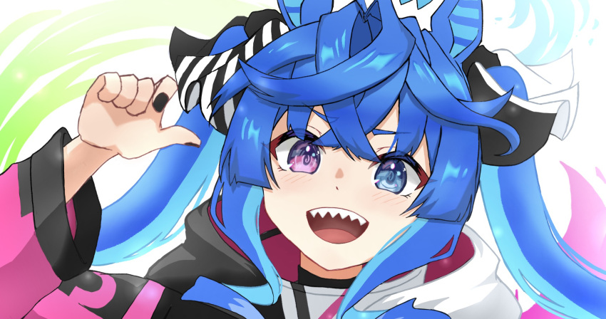1girl, @_@, animal_ears, black_nails, blue_eyes, blue_hair, bow, crossed_bangs