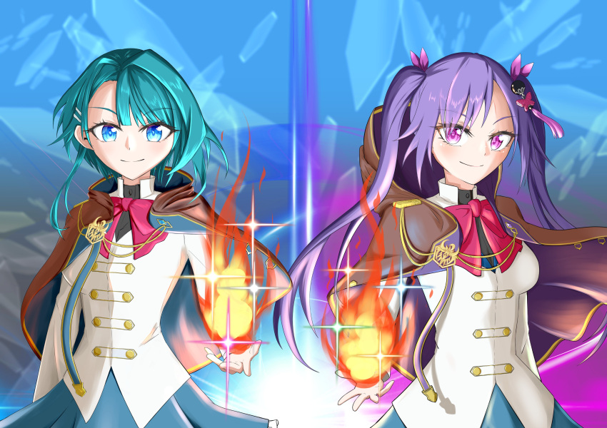 2girls, absurdres, aizawa_kazuha, akamura_saki_(saki_akamura), arm_at_side, assault_lily, asymmetrical_hair, black_shirt