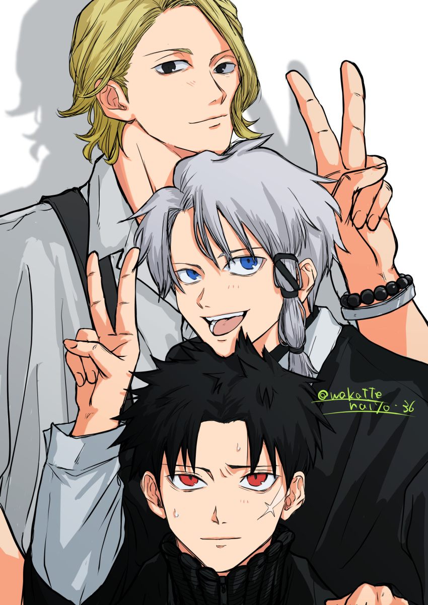 3boys, :d, artist_name, bead_bracelet, beads, black_hair, black_shirt, blonde_hair