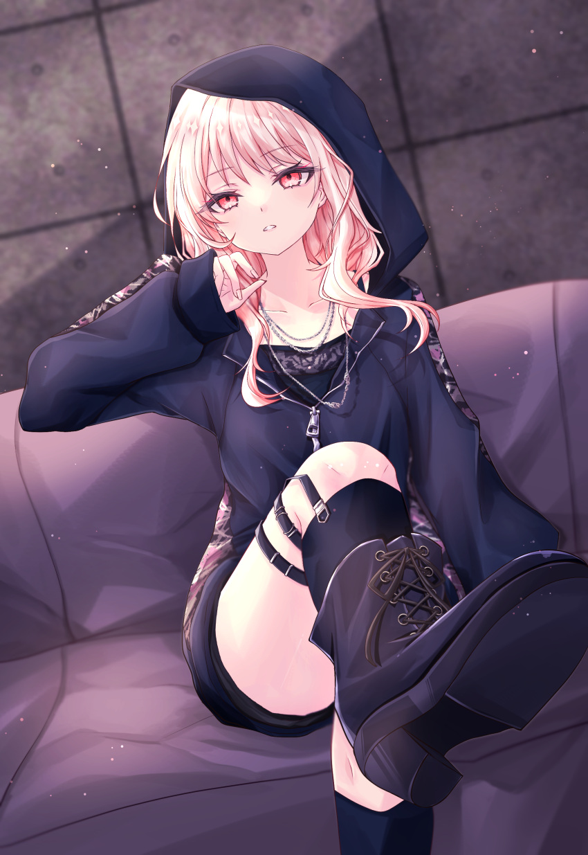 1other, absurdres, akiyama_mizuki, androgynous, black_camisole, black_footwear, black_hoodie, black_shorts