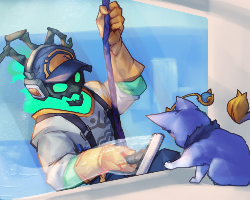 1boy, animal, black_skin, blue_hat, blue_overalls, cat, cleaning, cleaning_windows, colored_skin, fire, gloves, green_fire, grey_shirt, hat, headphones, highres, janitor_thresh, league_of_legends, meme, open_mouth, overalls, phantom_ix_row, shirt, smile, window, yellow_gloves, yuumi_(league_of_legends)