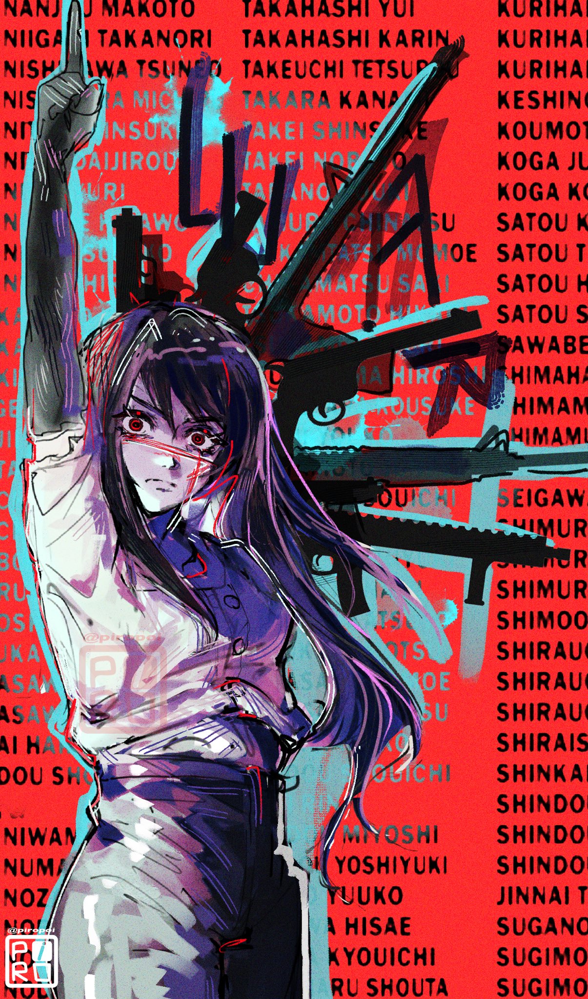 1girl, assault_rifle, black_hair, black_pants, chainsaw_man, closed_mouth, gun, handgun